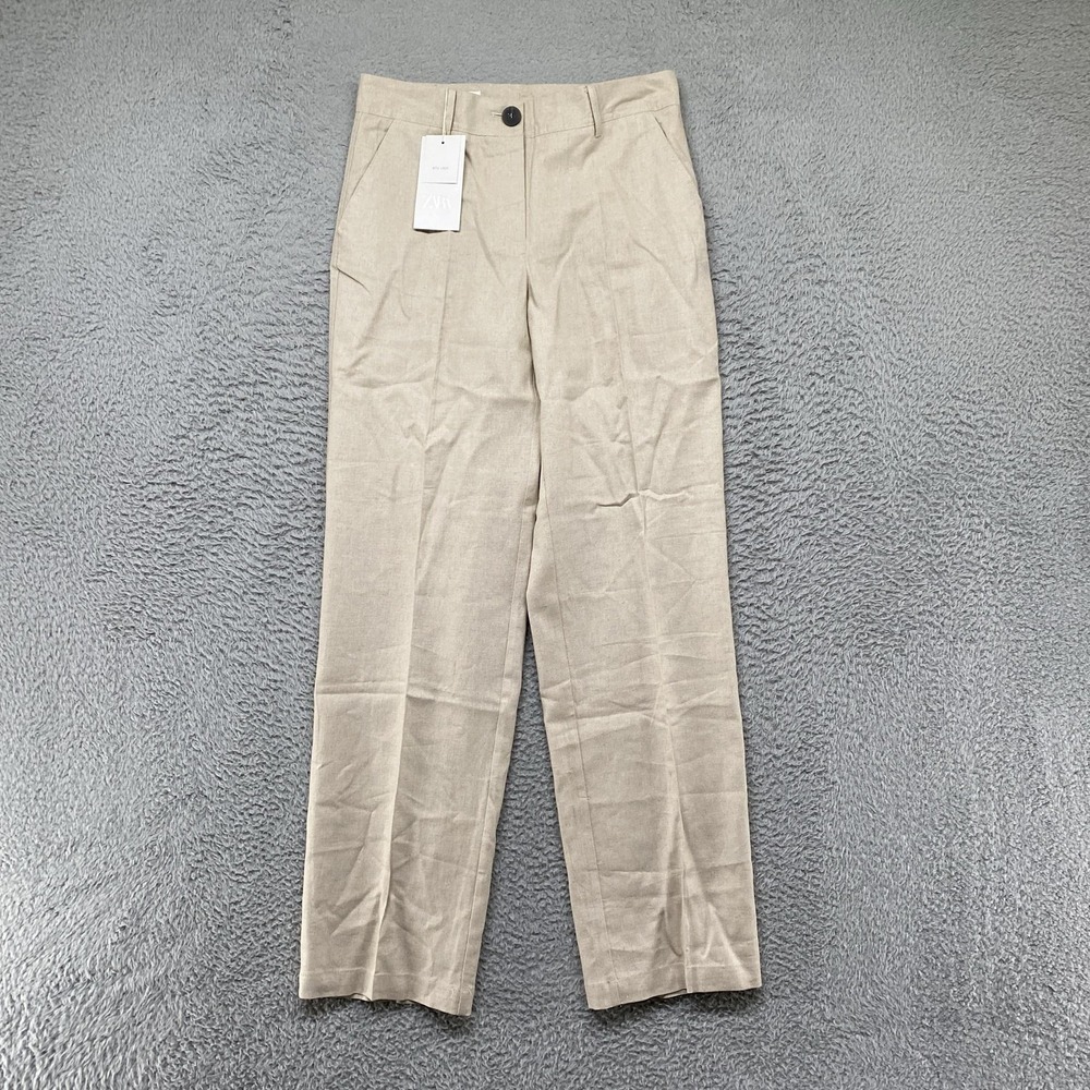 Zara Dress Pants Womens Small Beige Linen Blend Straight Leg Work Office Summer